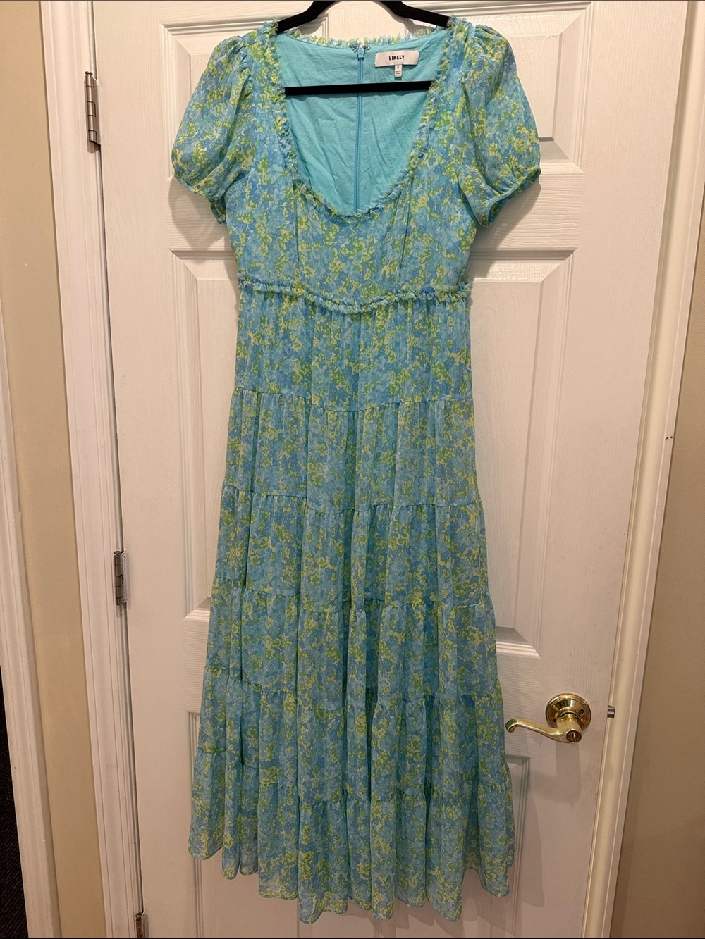 LIKELY Blue & Green Floral Tiered Maxi Dress Puff Sleeve